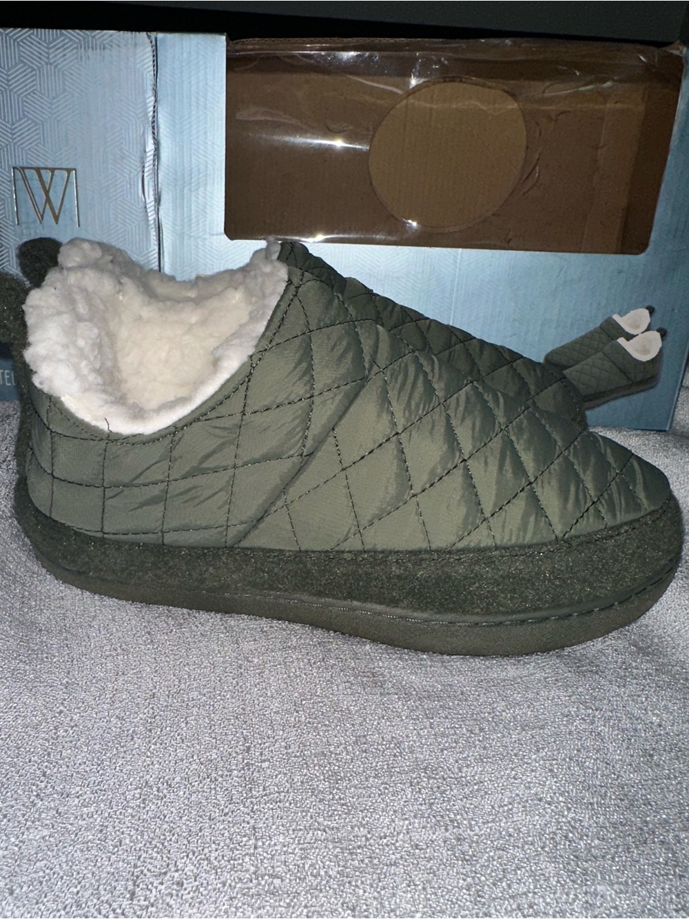 Quilted Sherpa-Lined Slip-On Slipper Boots - Olive Green